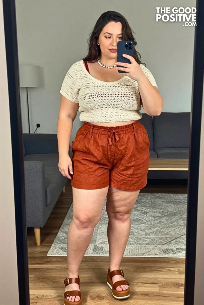 Plus Size Crochet Cover-Up Top With High-Waist Linen Shorts Outfit