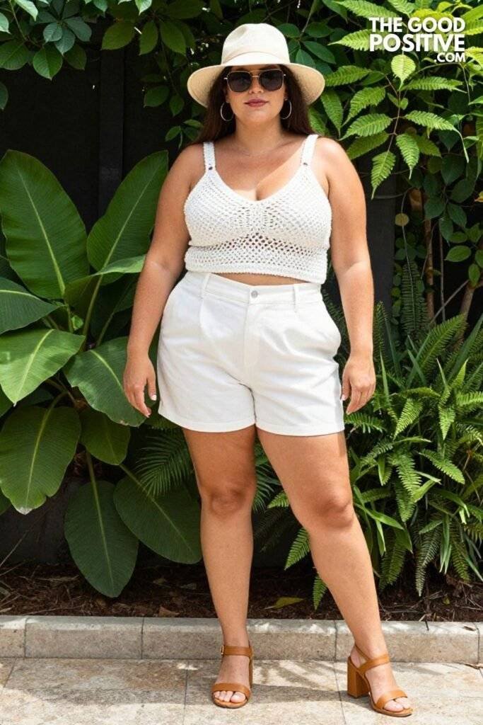 Plus Size Crochet Overlay Top and High-Waisted Bermuda Shorts Outfit