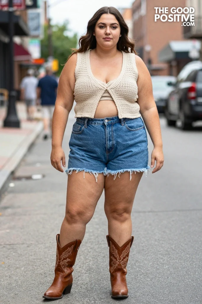 Plus Size Crochet Vest, Bralette & High-Waisted Fringe Denim Shorts Outfit