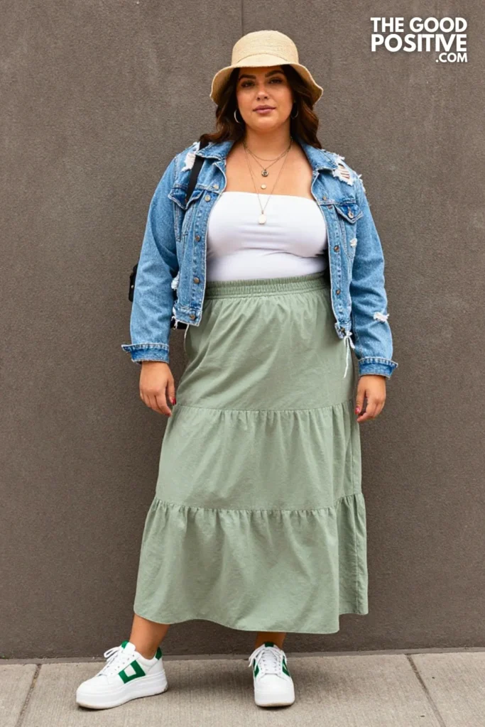 Plus Size Cropped Denim Jacket & Maxi Skirt Streetwear Outfit