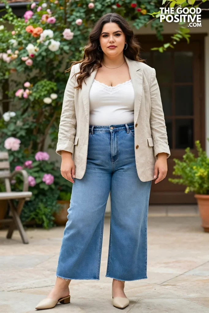 Plus Size Cropped Wide Leg Jeans With Lace Cami and Blazer Outfit