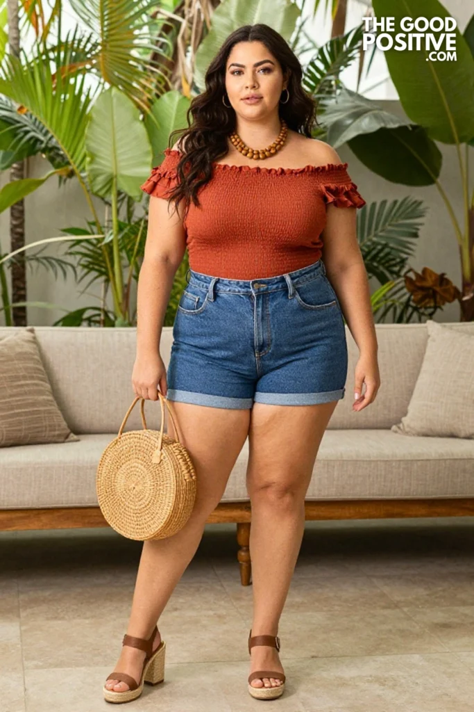 Plus Size Dark Denim Shorts With Terracotta Off-Shoulder Smocked Top Outfit