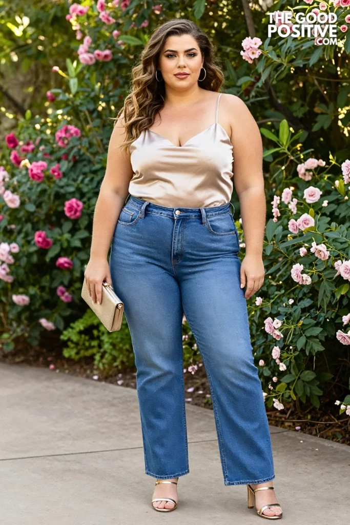 Plus Size Dark Wash Bootcut Jeans With Satin Cami and Strappy Heels Outfit