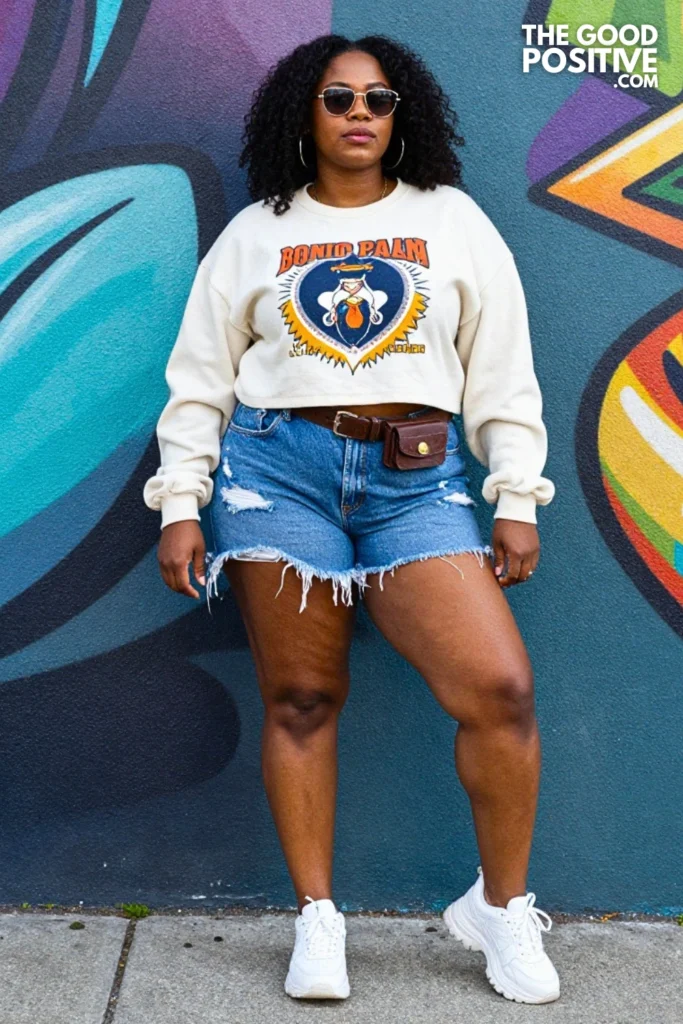 Plus Size Denim Cutoff Shorts With Vintage Band Graphic Sweatshirt Crop Outfit