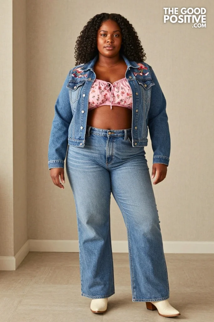 Plus Size Denim-on-Denim Western Jacket & Floral Prairie Blouse Outfit