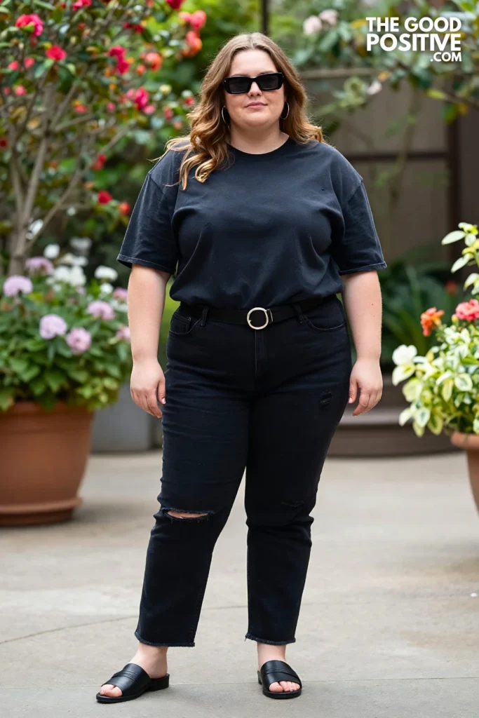 Plus Size Distressed Black Jeans With Graphic Muscle Tee and Mules Outfit