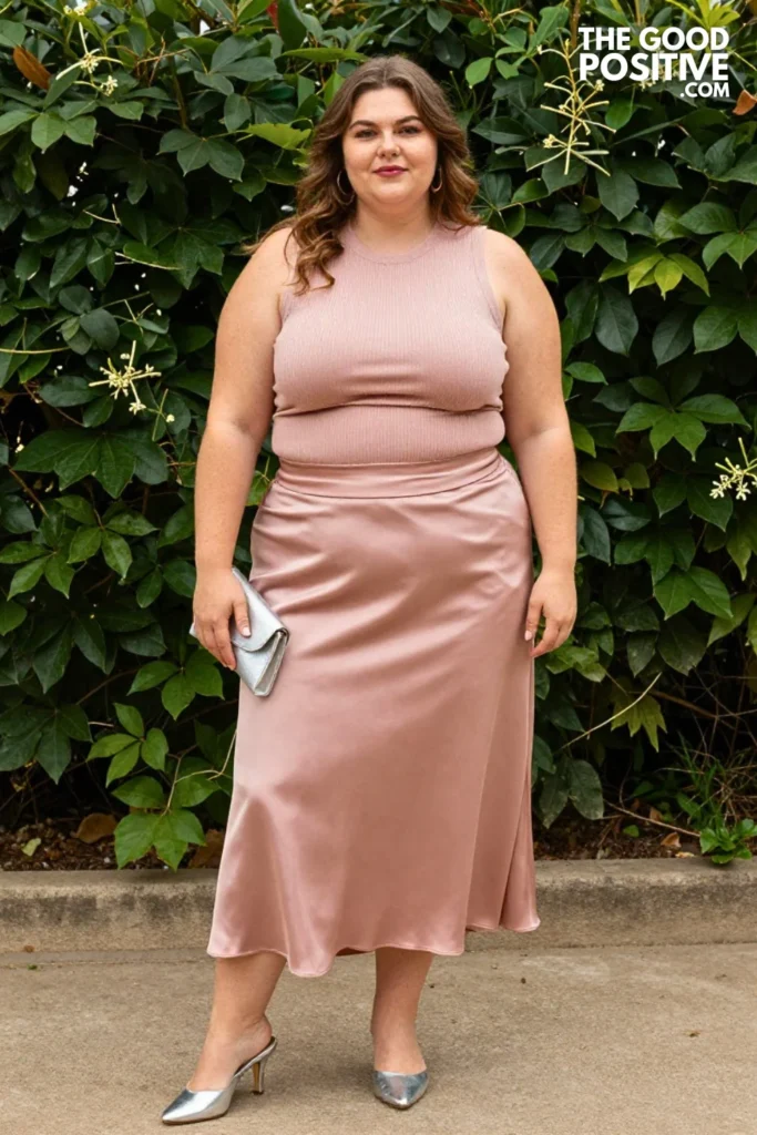 Plus Size Dusty Rose Satin Slip Skirt & Structured Knit Top Outfit