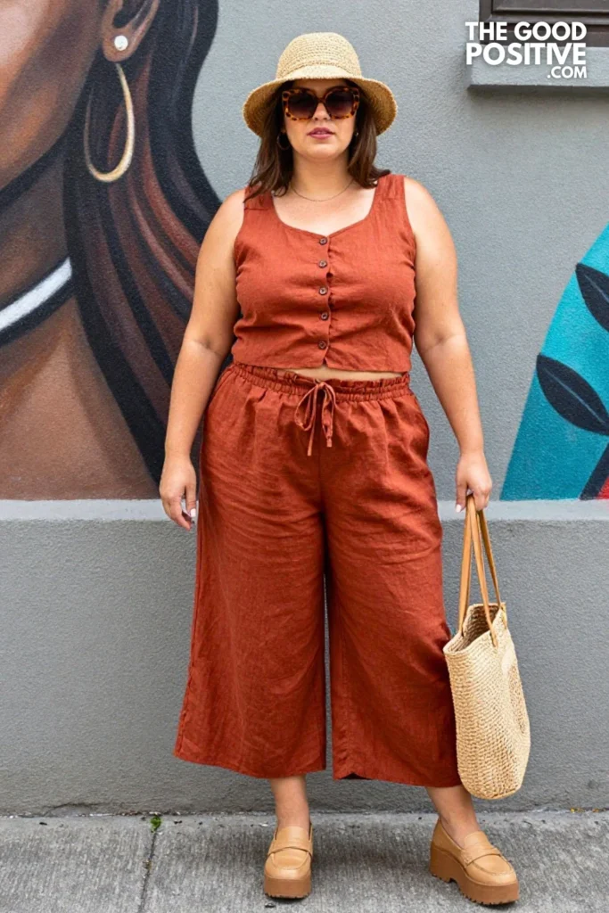 Plus Size Earthy Monochrome Linen Co-Ord Streetwear Outfit
