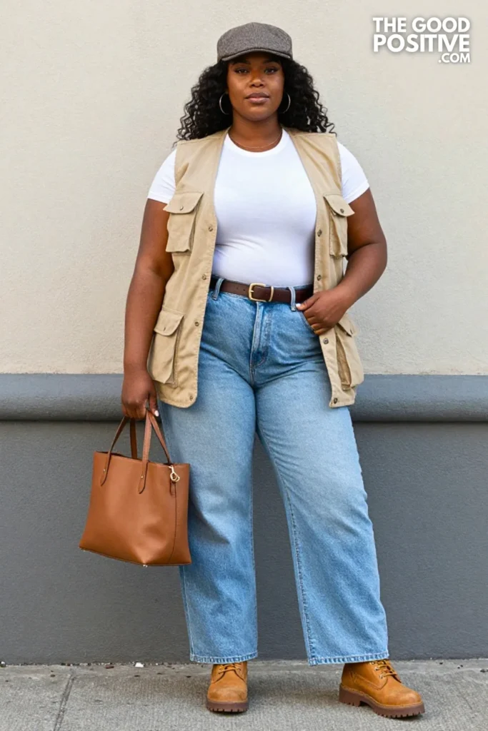 Plus Size Earthy Utility Vest & Baggy Jeans Streetwear Outfit