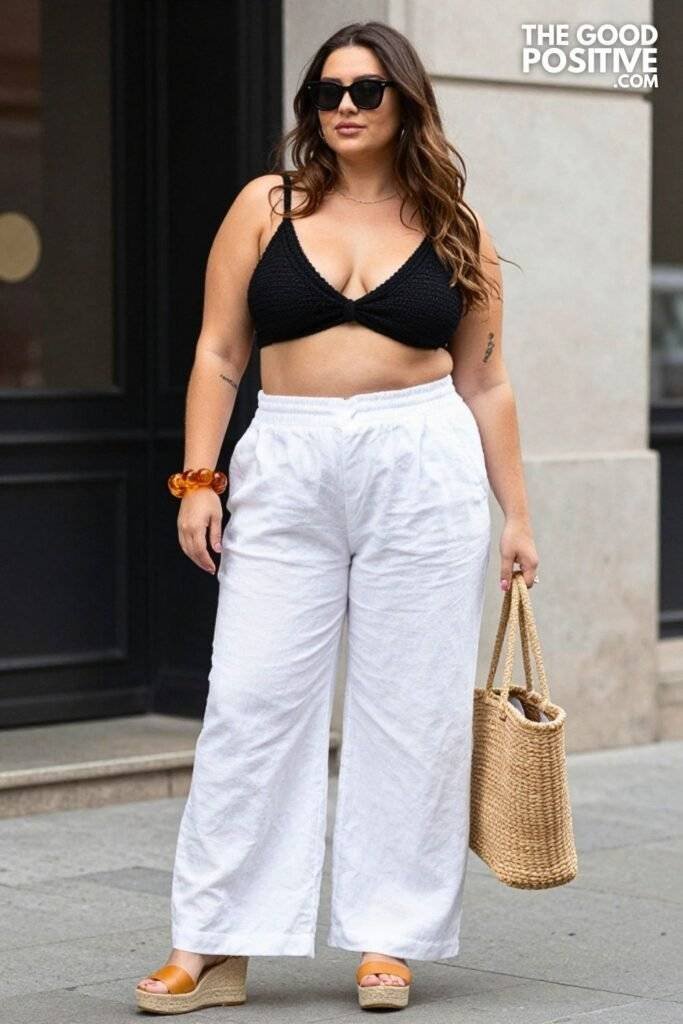 Plus Size Edgy Crochet Bralette & High-Waist Trouser Outfit