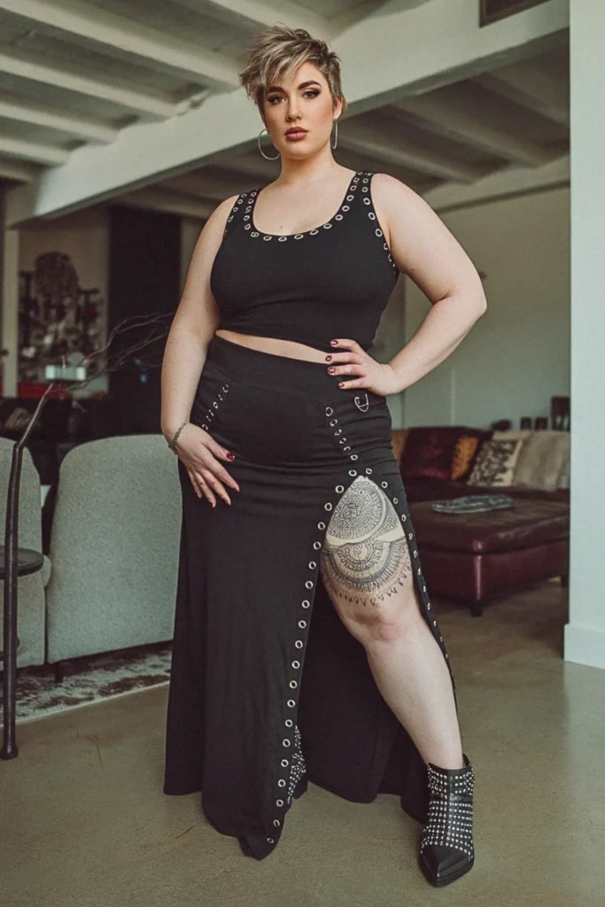 Plus Size Edgy Grommeted Tank and Split Skirt Summer Outfit