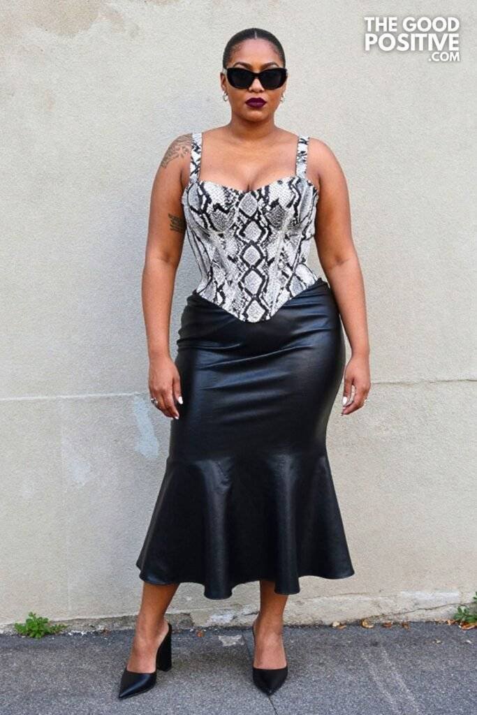 Plus Size Edgy Printed Corset Top & Leather-Look Flare Skirt Outfit