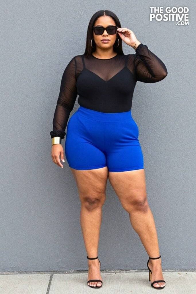 Plus Size Edgy Summer Sheer Overlay Bodysuit & Tailored Bermuda Shorts Outfit