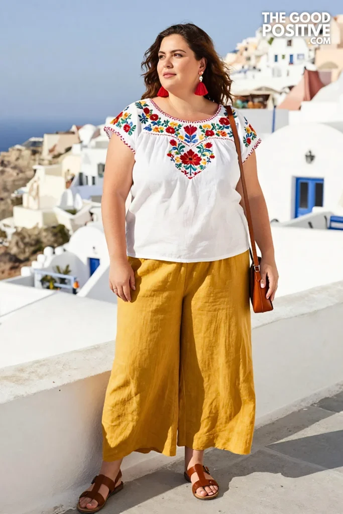 Plus Size Embroidered Cotton Blouse With Wide-Leg Linen Trousers Outfit