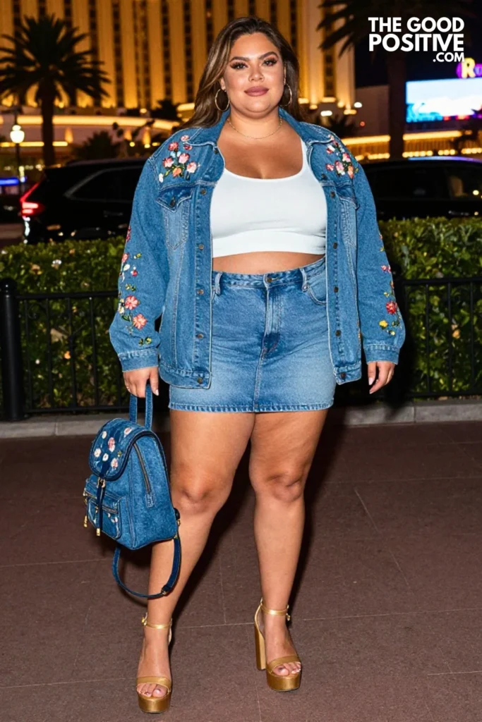 Plus Size Embroidered Denim Jacket With Mini Skirt And Crop Top Outfit