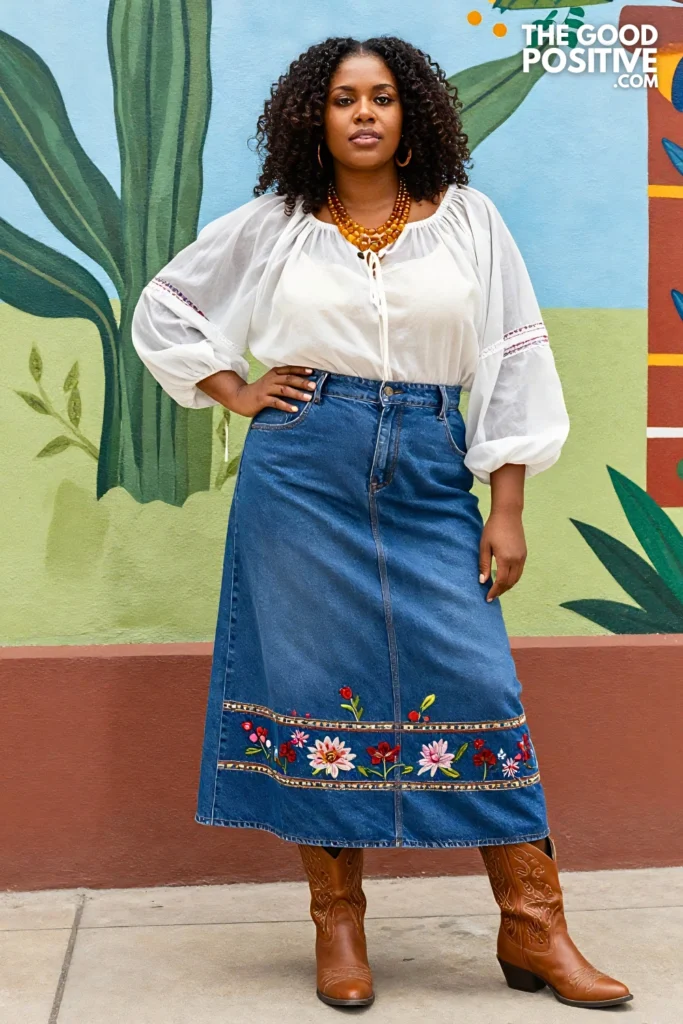 Plus Size Embroidered Denim Maxi Skirt With Sheer Peasant Blouse Boho Outfit