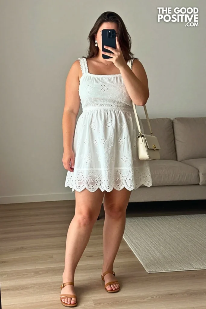 Plus Size Eyelet Embroidery Midi Dress With Flat Strappy Sandals Outfit