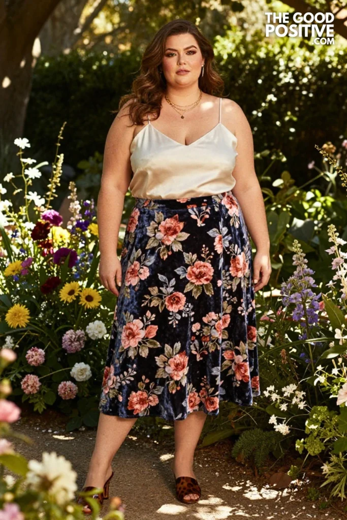 Plus Size Floral Burnout Velvet Midi Skirt With Silk Cami Outfit