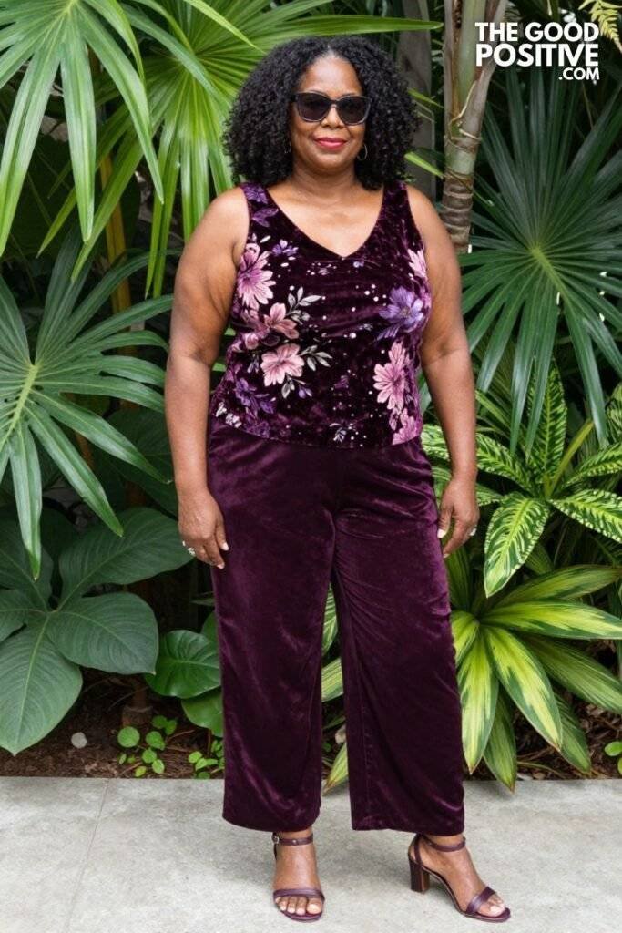 Plus Size Floral Burnout Velvet Top With Silk-Effect Wide Trouser Evening Glam Outfit