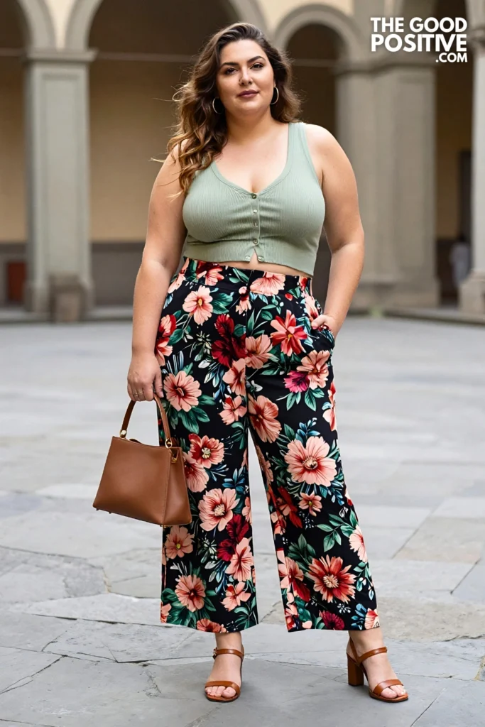 Plus Size Floral Jacquard Trousers & Fitted Ribbed Cardigan Outfit