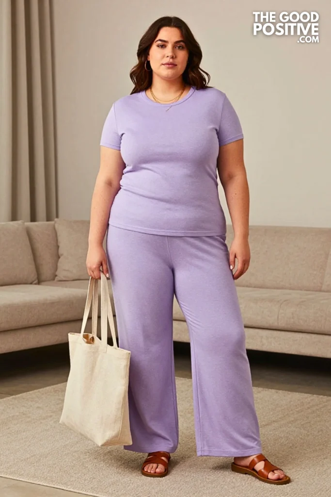 Plus Size French Terry Matching Loungewear Set With Slide Sandals Outfit