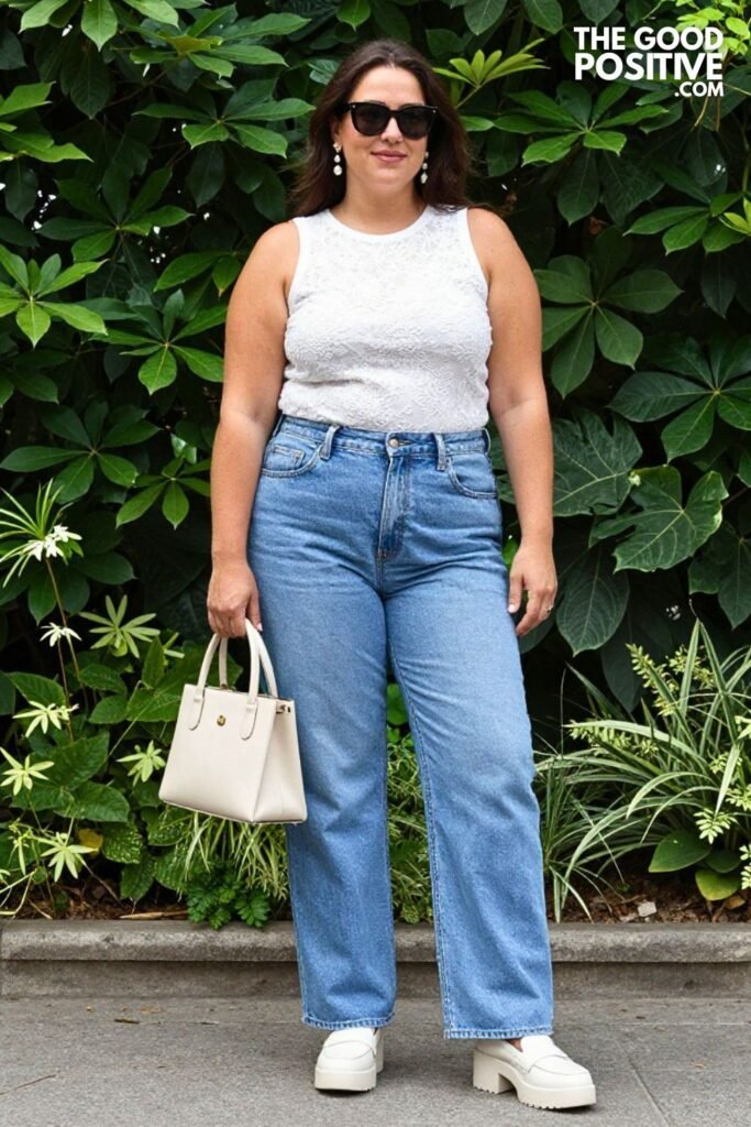 Plus Size French Tuck Straight-Leg Jean & Broderie Anglaise Top Trendy Mom Outfit
