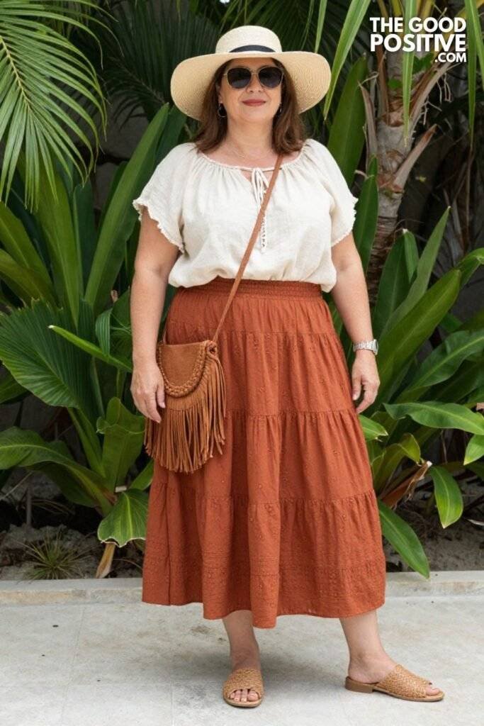 Plus Size Gauze Cotton Peasant Blouse With Tiered Midi Skirt Boho Festival Outfit