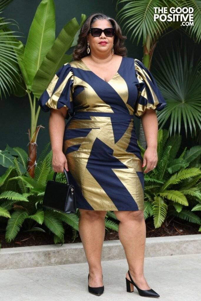 Plus Size Geometric Jacquard Shift Dress With Statement Sleeves Cocktail Party Outfit