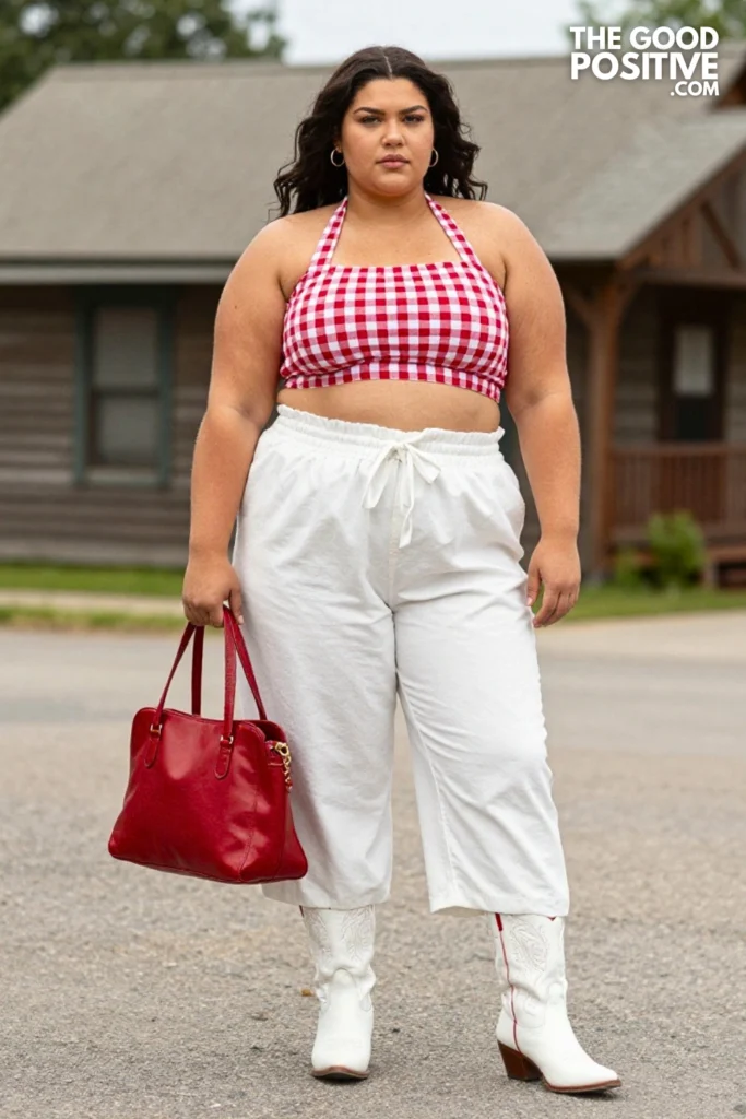 Plus Size Gingham Halter Crop Top & Paper-Bag Waist Wide-Leg Pant Outfit