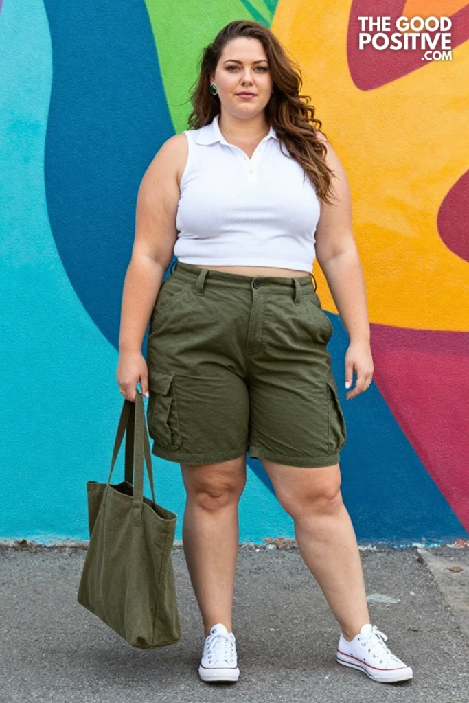 Plus Size Green Cargo Shorts With White Cropped Ribbed Polo Top Outfit