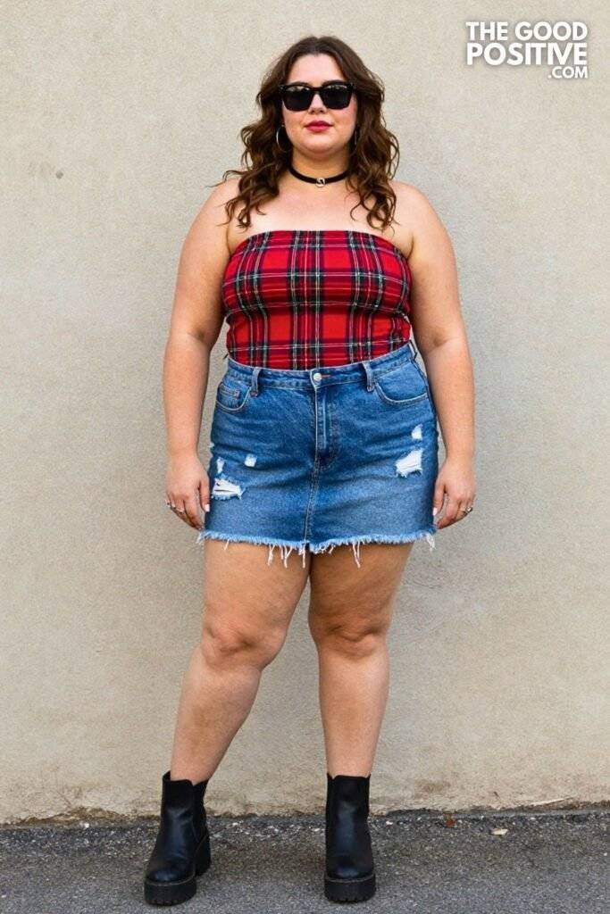 Plus Size Grunge Plaid Tube Top & Distressed Denim Skirt Outfit