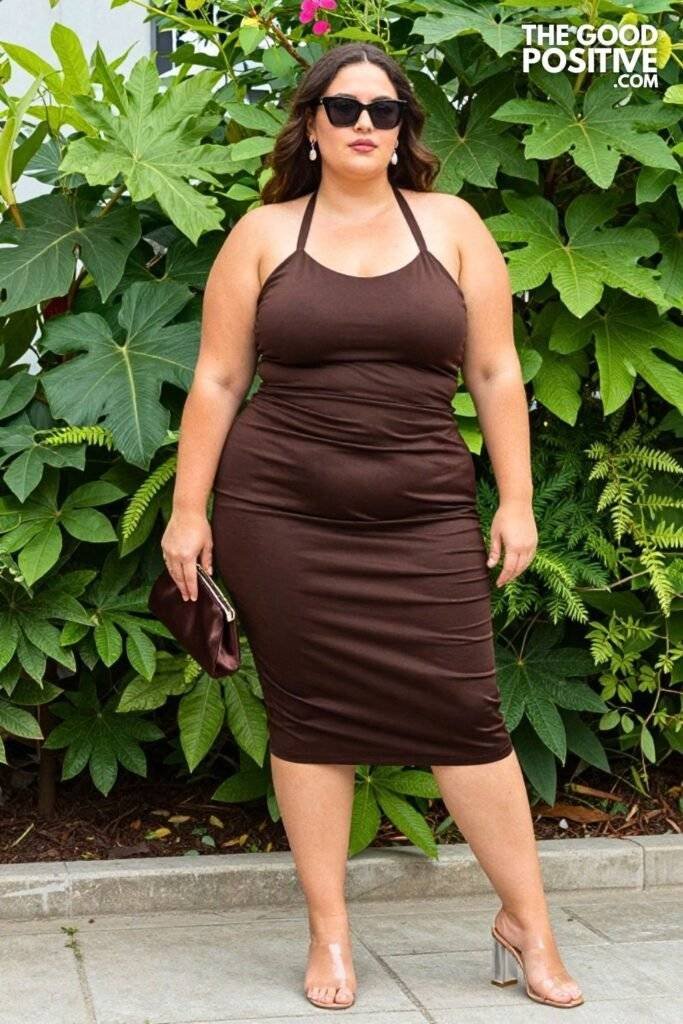 Plus Size Halter Neck Midi Dress in Satin-Touch Fabric Outfit
