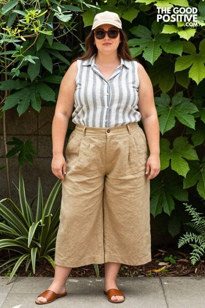 Plus Size High-Waisted Linen Shorts and Sleeveless Button-Down Shirt Outfit