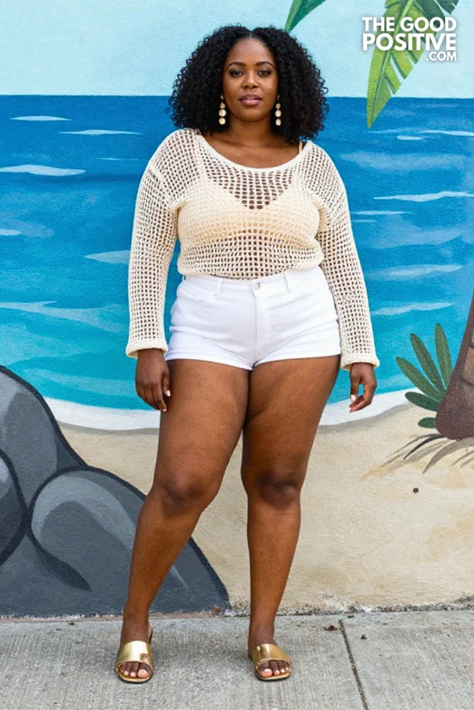 Plus Size High-Waisted Shorts With Crochet Cover-Up Top and Metallic Sandals Outfit