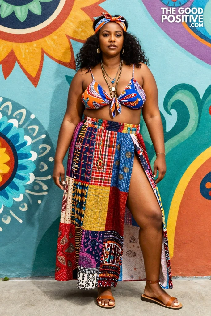 Plus Size Hippie Patchwork Maxi Skirt With Bandana Top Boho Outfit