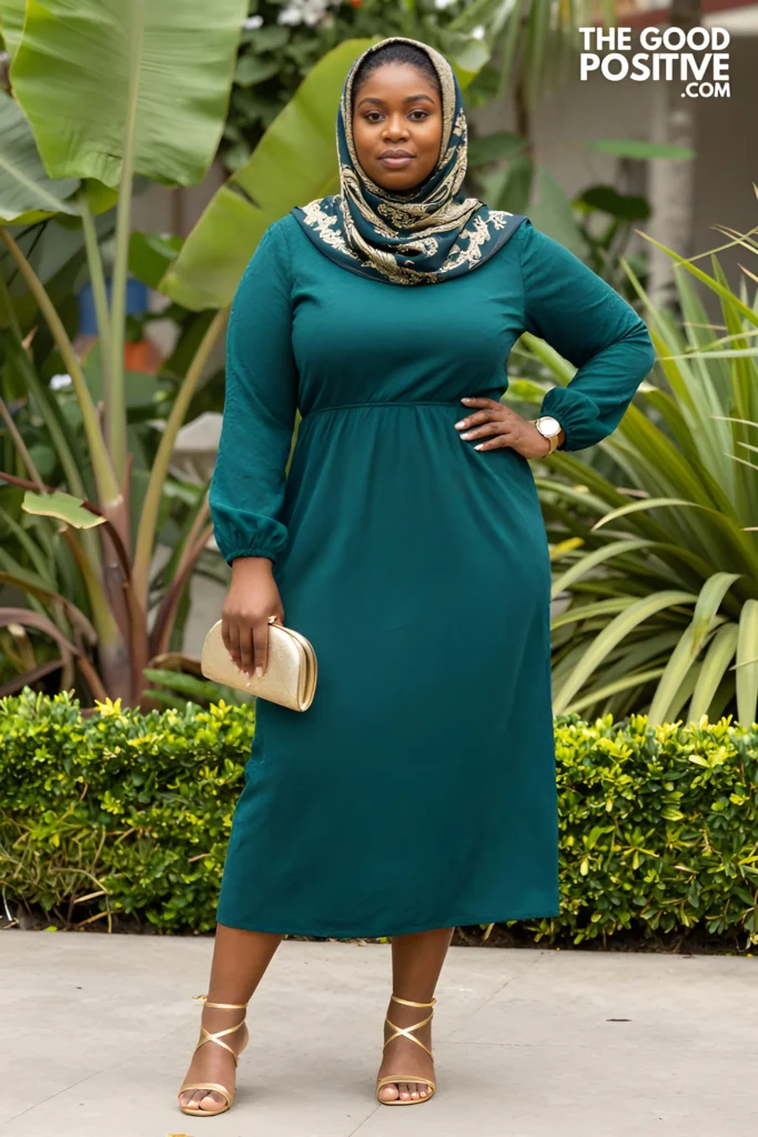 Plus Size Jacquard Modest Maxi Dress With Gold Accessories Outfit