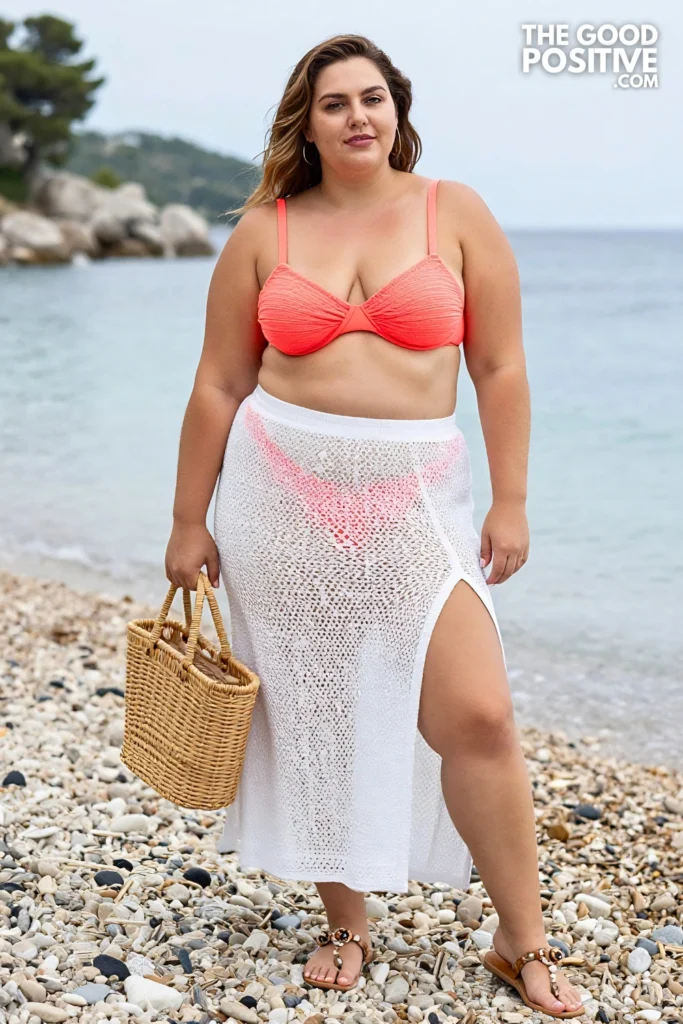 Plus Size Knit Crochet Beach Cover Skirt & Bikini Top Outfit