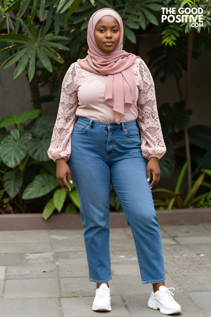 Plus Size Lace-Trim Modest Blouse With Straight-Cut Jeans Outfit