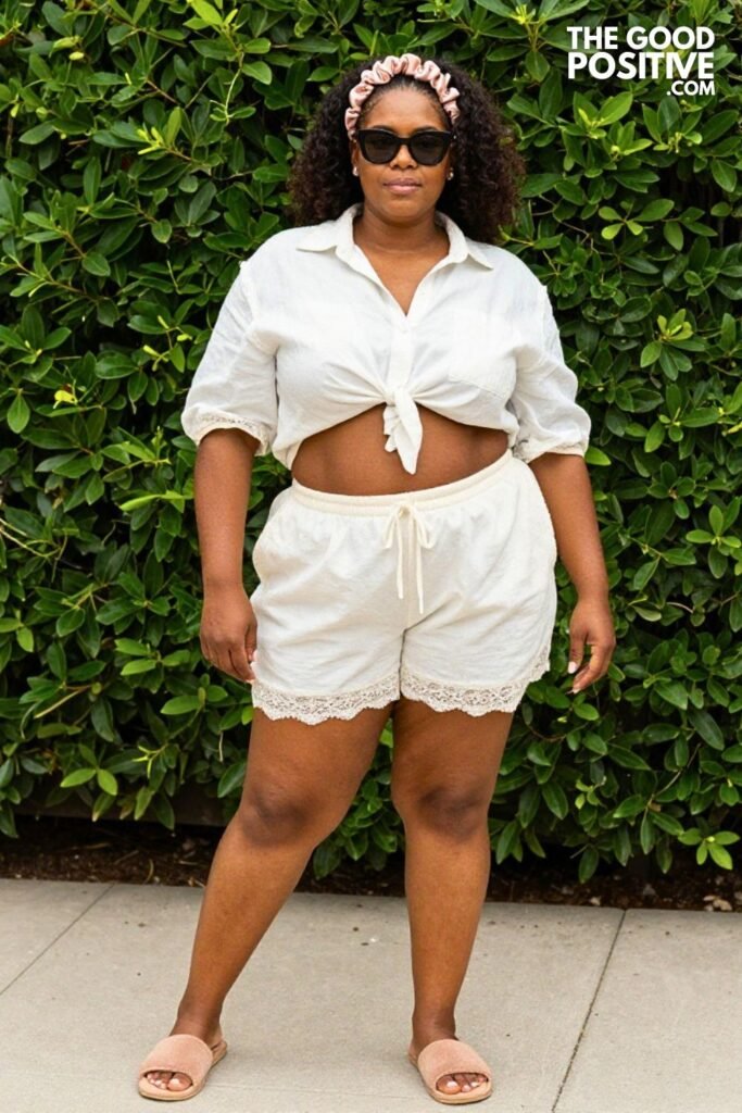 Plus Size Lace-Trim Shorts & Oversized Chambray Shirt Stay-at-Home Mom Lazy Sunday Outfit