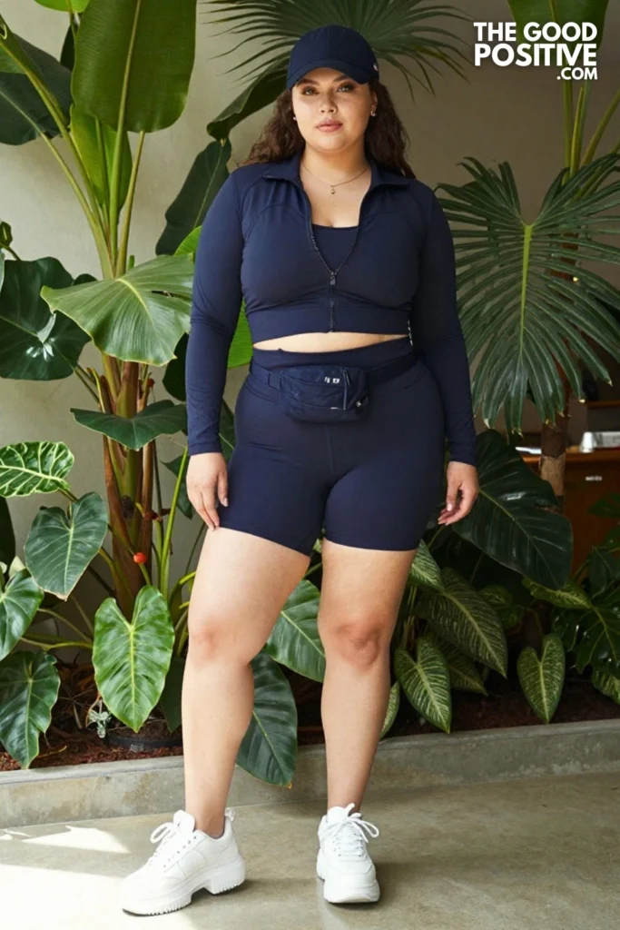 Plus Size Legging Shorts With Athletic Zip-Up Crop Jacket and Chunky Sneakers Outfit