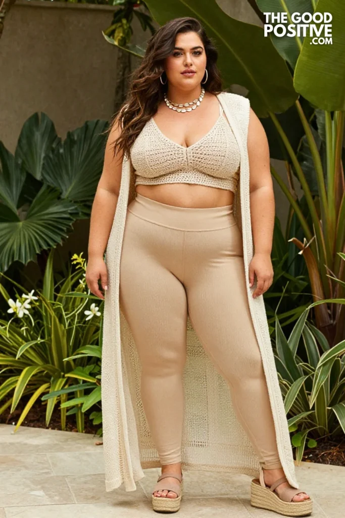 Plus Size Leggings With Crochet Crop Top and Duster Vest Outfit