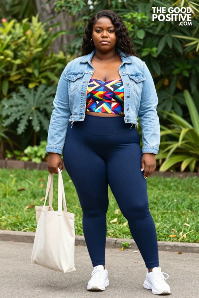 Plus Size Leggings With Cropped Denim Jacket and Printed Bandeau Top Outfit
