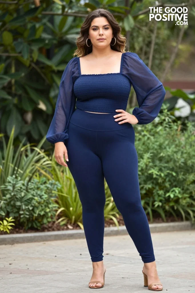 Plus Size Leggings With Fitted Smocked Tube Top and Sheer Overlay Top Outfit