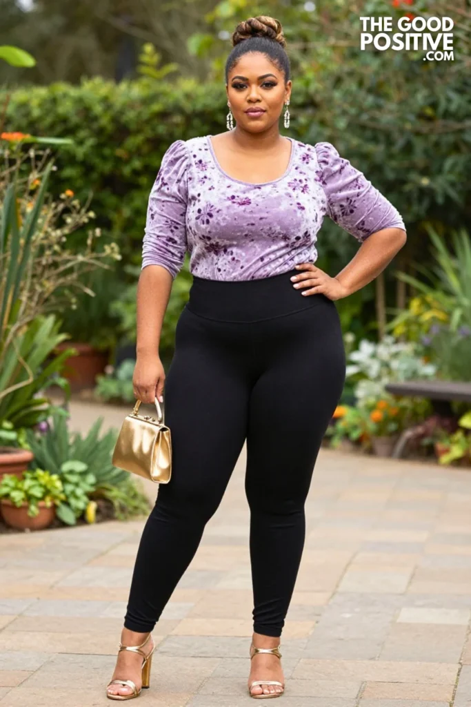 Plus Size Leggings With Floral Burnout Velvet Top Outfit