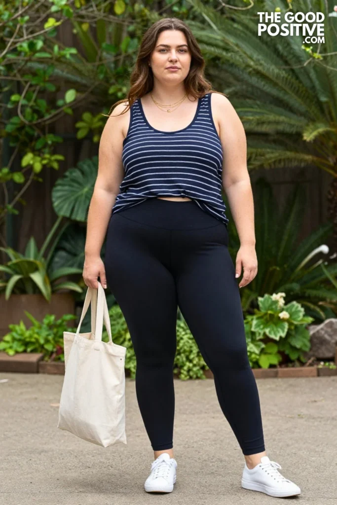Plus Size Leggings With French Tuck Striped Linen Tee Outfit
