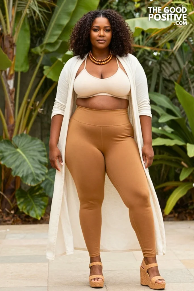 Plus Size Leggings With Halter Neck Macramé Top and High Slit Cardigan Outfit