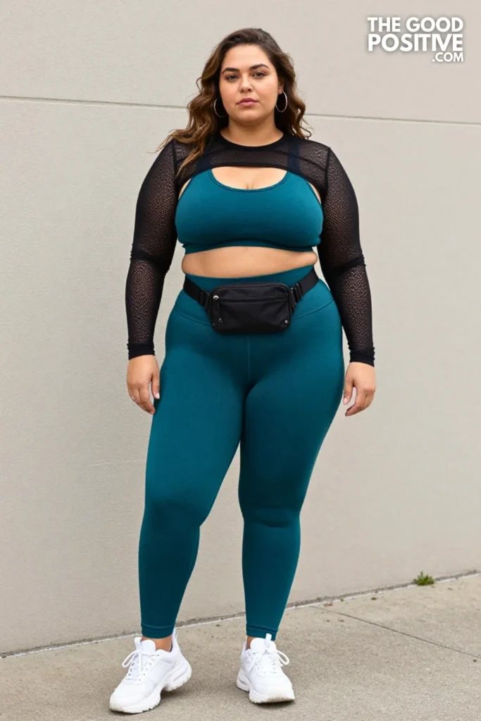 Plus Size Leggings With Longline Sports Bra and Mesh Panel Overlay Top Outfit