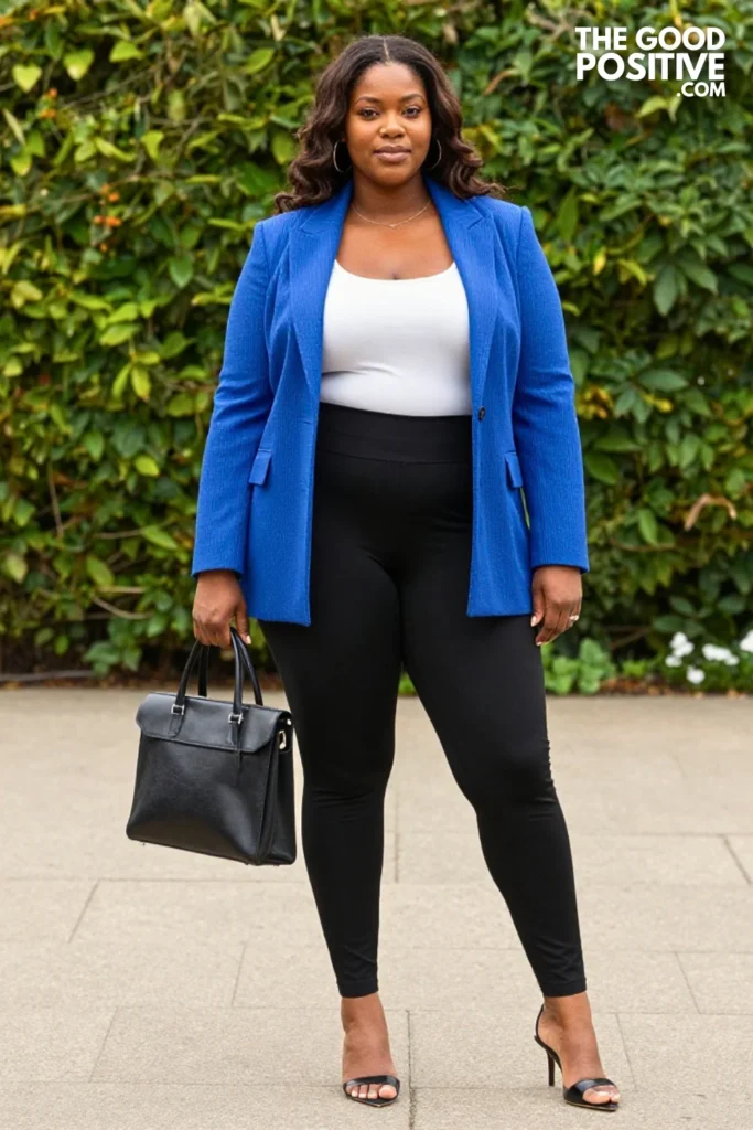 Plus Size Leggings With Ponte Peplum-Free Structured Tunic Blazer Outfit