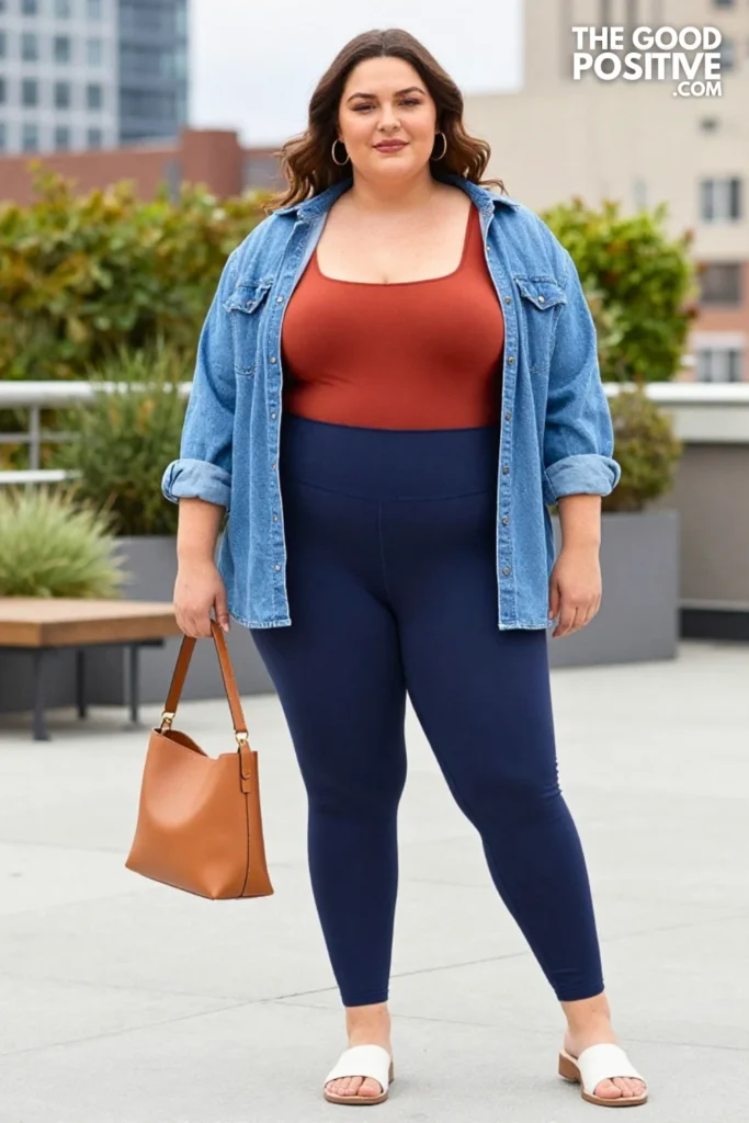 Plus Size Leggings With Square-Neck Bodysuit and Open Denim Shirt Outfit