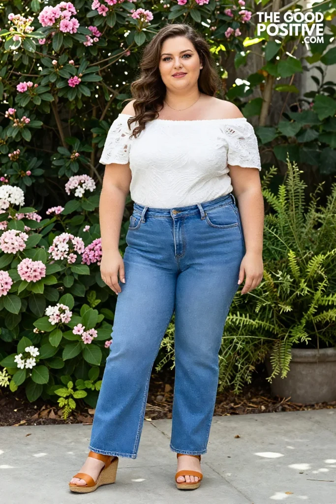 Plus Size Light Blue Straight Leg Jeans With Broderie Anglaise Top Outfit